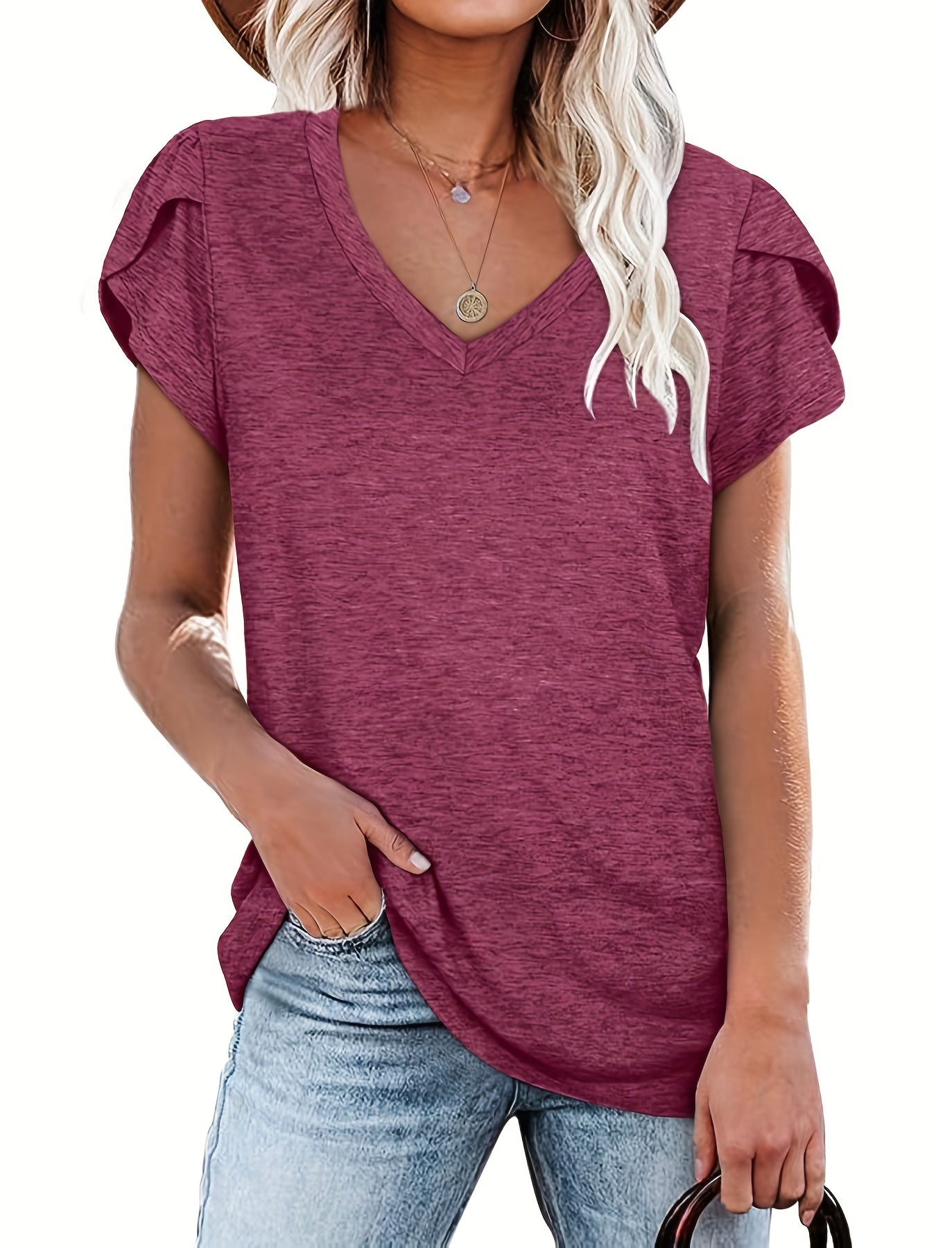 Vzyzv Versatile Solid V Neck T-Shirt, Casual Short Sleeve T-Shirt For Spring & Summer, Women's Clothing