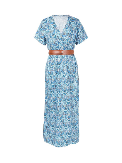 VzyzvBoho Floral Print Dress, V Neck Short Sleeve Belted Maxi Dress, Women's Clothing