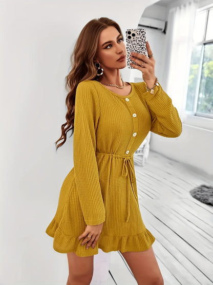 Vzyzv Ruffle Hem Button Front Dress, Casual Long Sleeve Crew Neck Drawstring Dress, Women's Clothing