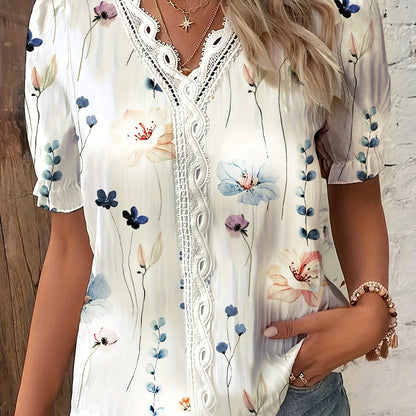 Vzyzv Floral Print Contrast Lace Blouse, Casual V Neck Short Sleeve Summer Blouse, Women's Clothing