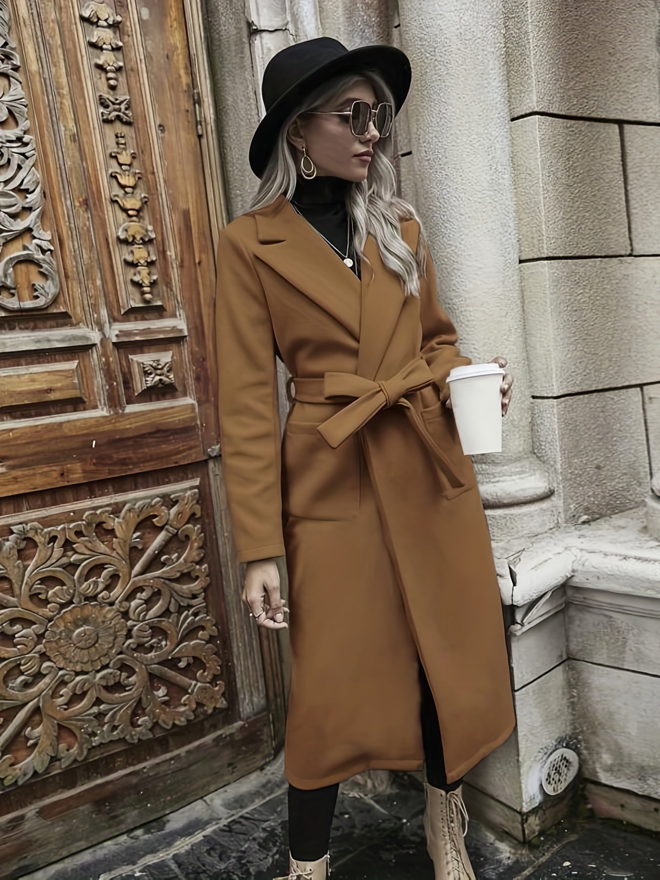 Vzyzv Solid Long Length Trench Coat, Elegant Long Sleeve Versatile Outerwear, Women's Clothing