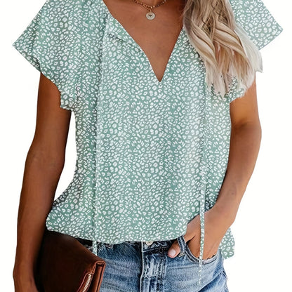 Vzyzv V Neck Flutter Sleeve Blouse, Loose Casual Top For Summer & Spring, Women's Clothing