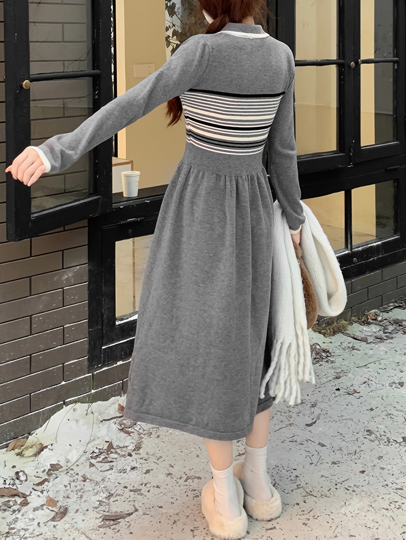 Vzyzv Striped Contrast Trim Waist Sweater Dress, Long Sleeve Lapel Collar Causal Dress, Women's Clothing