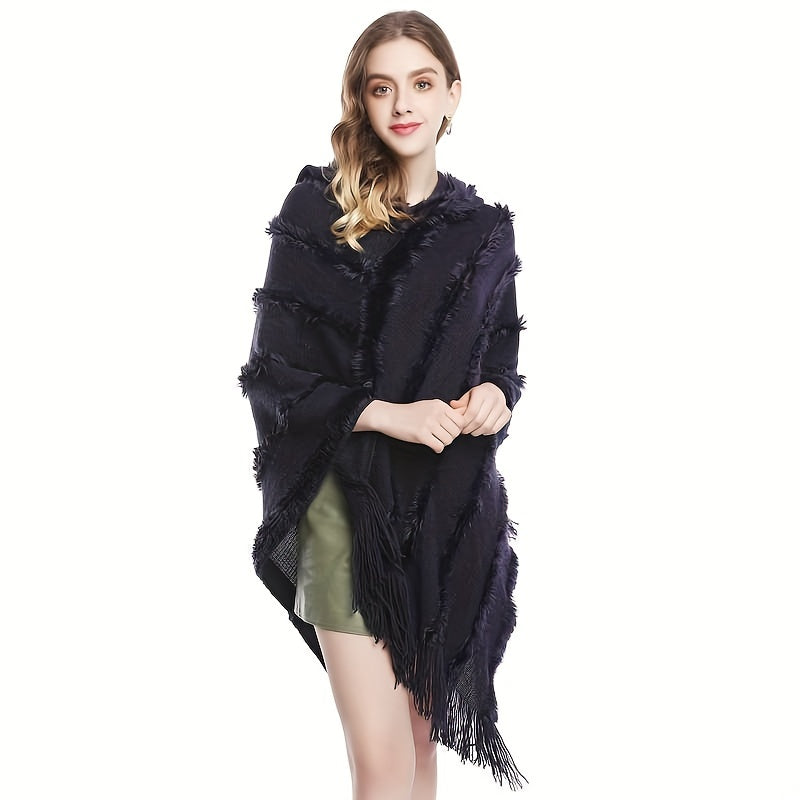 Vzyzv Loose Knit Hooded Pullover Poncho Large Solid Color Batwing Tassel Shawl Autumn Winter Travel Outside Windproof Cape