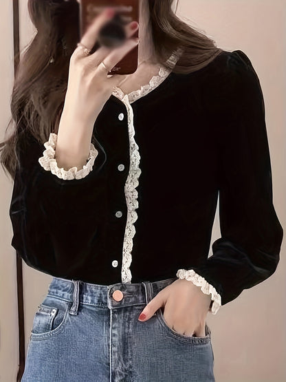 Vzyzv Lace Stitching V-neck Velvet Blouse, Vintage Long Sleeve Button Front Blouse For Spring & Fall, Women's Clothing