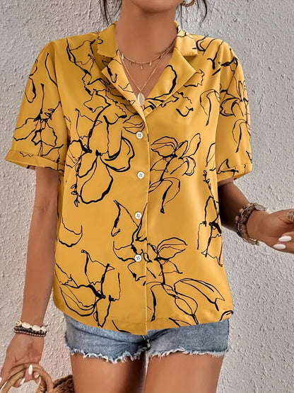Vzyzv Flower Sketch Print Lapel Shirt, Half Sleeve Button Up Vacation Casual Top For Summer & Spring, Women's Clothing