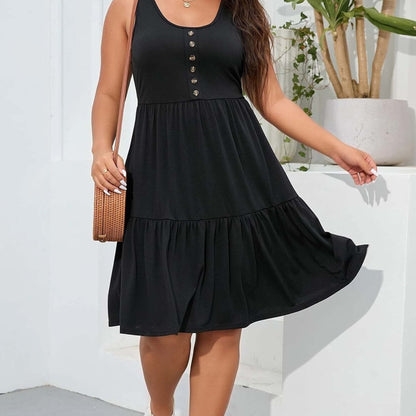 Vzyzv Plus Size Casual Loungewear, Women's Plus Ruffled Hem Button Detail Medium Stretch Comfort Tank Dress