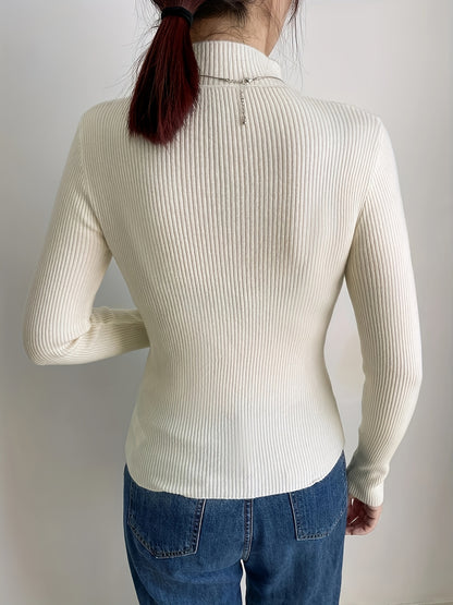 Vzyzv High Neck Rib Knit Sweater, Casual Solid Long Sleeve Sweater, Women's Clothing