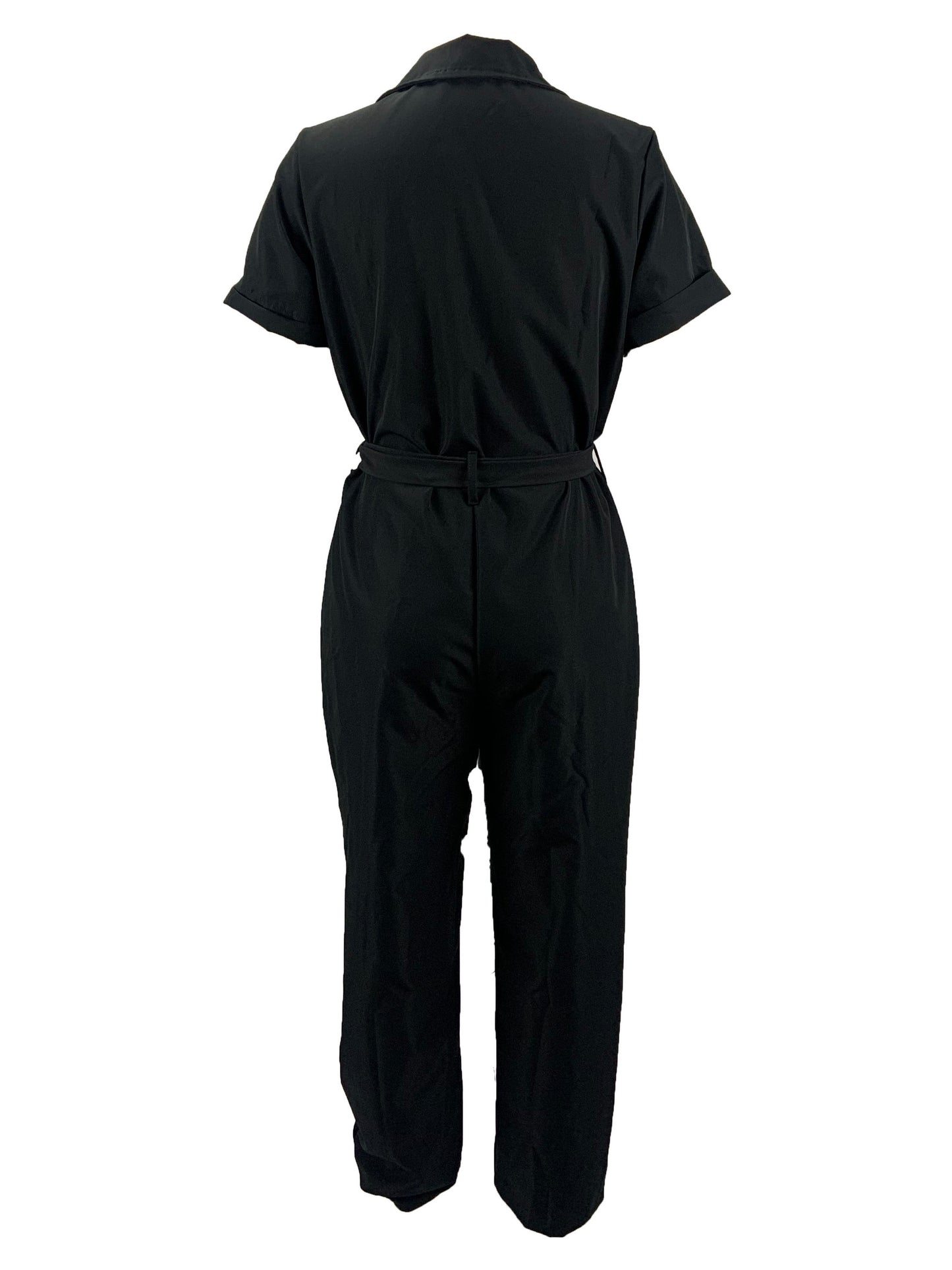 Vzyzv Y2K Solid Lapel Button Down Short Sleeve Tie Waist Cargo Jumpsuit, Casual Long Length Pockets Rompers Overalls, Women's Clothing