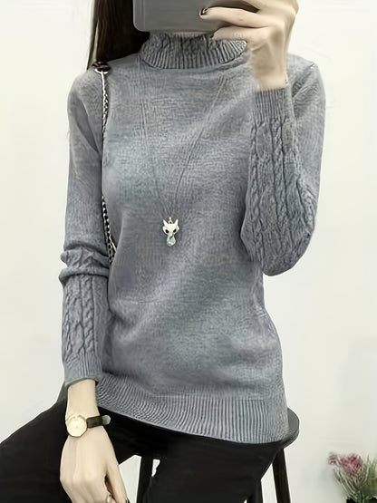 Vzyzv Solid Turtle Neck Cable Knit Sweater, Casual Long Sleeve Slim Pullover Sweater, Women's Clothing