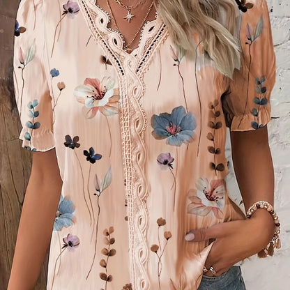 Vzyzv Floral Print V Neck Lace Trim Blouse, Boho Puff Sleeve Blouse For Summer, Women's Clothing