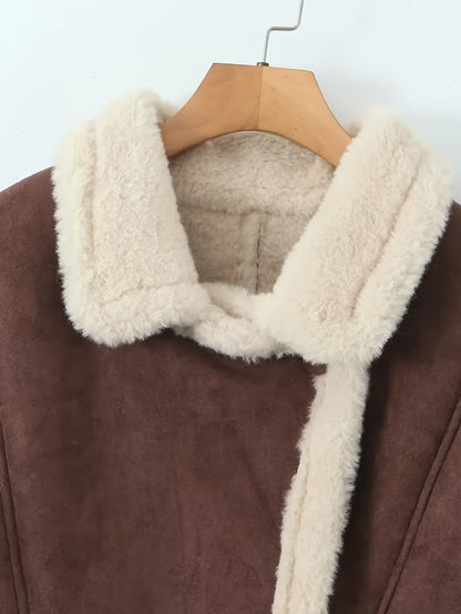 Vzyzv Color Block Lapel Jacket, Vintage Long Sleeve Pockets Warm Outwear For Fall & Winter, Women's Clothing