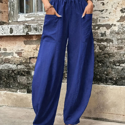 Vzyzv Boho Solid Elastic Waist Harem Pants, Casual Long Length Baggy Pants With Pockets For Spring & Summer, Women's Clothing