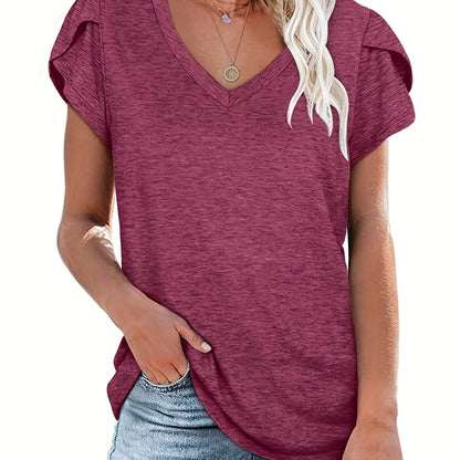 Vzyzv Versatile Solid V Neck T-Shirt, Casual Short Sleeve T-Shirt For Spring & Summer, Women's Clothing