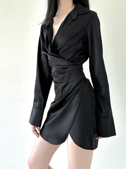 Vzyzv Solid V-neck Ruched Asymmetrical Dress, Elegant Long Sleeve Slim Dress For Spring & Fall, Women's Clothing
