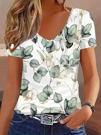 Vzyzv Floral Print V Neck T-shirt, Elegant Short Sleeve T-shirt For Summer, Women's Clothing