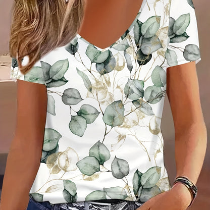 Vzyzv Floral Print V Neck T-shirt, Elegant Short Sleeve T-shirt For Summer, Women's Clothing