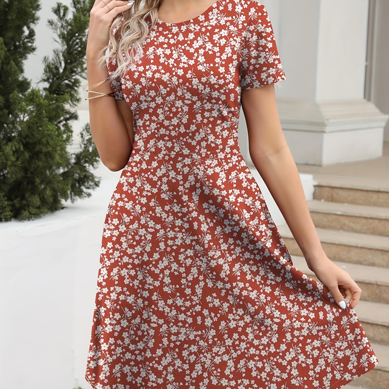 Vzyzv Floral Print Crew Neck Dress, Vintage Short Sleeve Dress For Spring & Summer, Women's Clothing