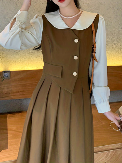 Vzyzv Color Block Pleated 2 In 1 Dress, Elegant Long Sleeve Midi Dress, Women's Clothing