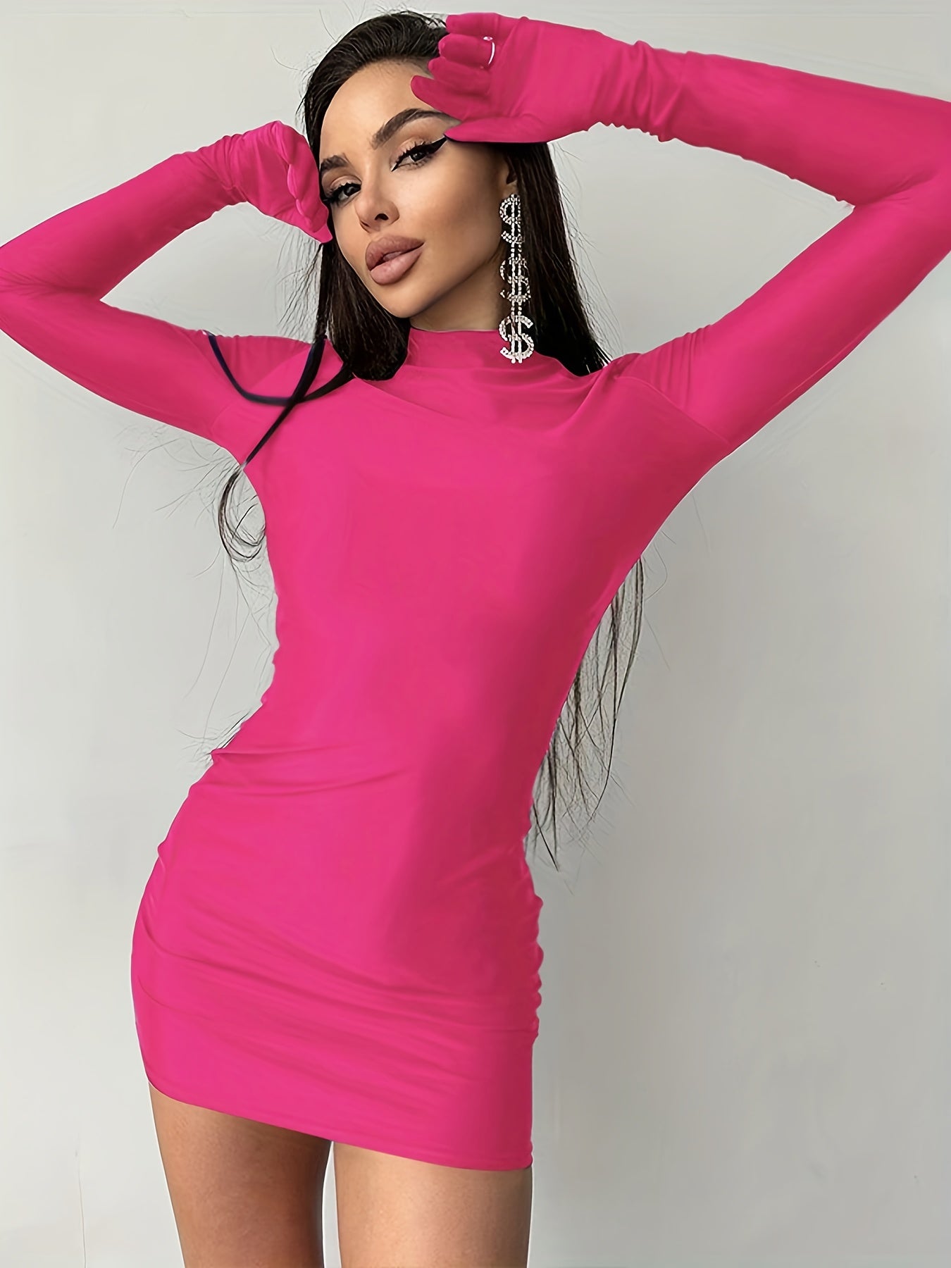 Vzyzv Solid Bodycon Mini Dress, Club Wear Mock Neck Long Sleeve Dress, Women's Clothing