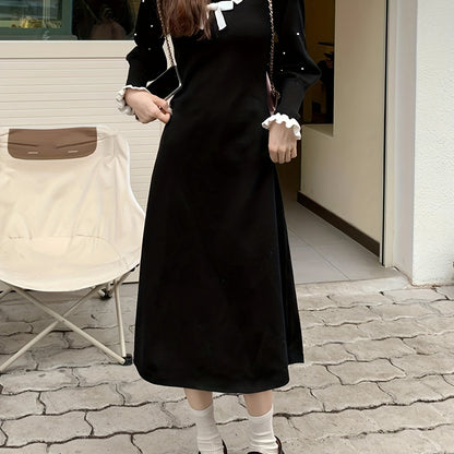 Vzyzv Bow Decor Collared Beaded Dress, Chic Long Sleeve A-line Midi Dress, Women's Clothing