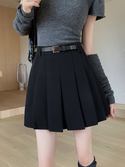 Vzyzv Solid Pleated Aline Skirt, Preppy High Waist Skirt For Spring & Fall, Women's Clothing