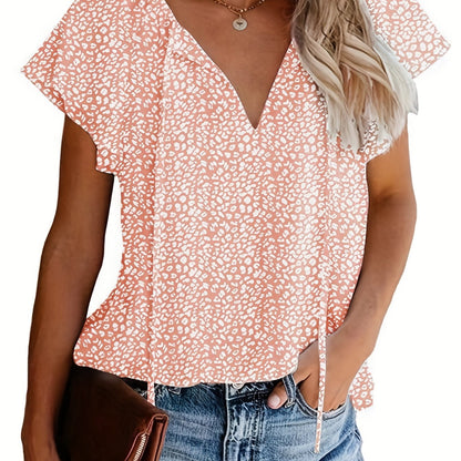 Vzyzv V Neck Flutter Sleeve Blouse, Loose Casual Top For Summer & Spring, Women's Clothing