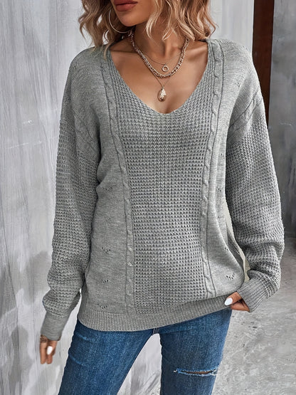 Vzyzv Solid V Neck Pullover Sweater, Casual Long Sleeve Loose Sweater, Women's Clothing