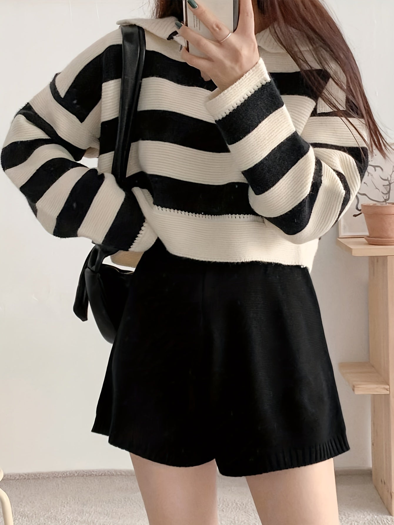 Vzyzv Striped Notched Collar Pullover Sweater, Casual Long Sleeve Loose Crop Sweater, Women's Clothing