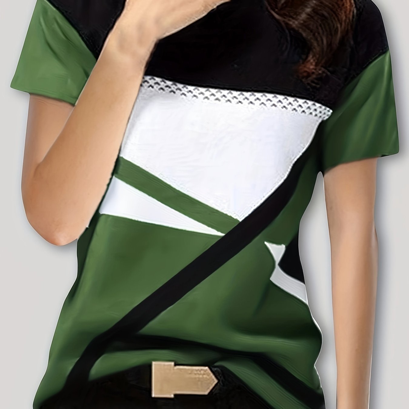 Vzyzv Geo Print Color  Block T-Shirt, Casual Crew Neck Short Sleeve T-Shirt For Spring & Summer, Women's Clothing