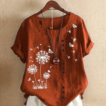 Vzyzv Dandelion Print Blouse, Casual Crew Neck Short Sleeve Blouse For Spring & Summer, Women's Clothing