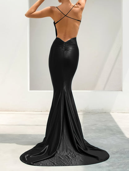Backless Plunging Spaghetti Strap Dress, Elegant Sleeveless Maxi Dress For Party & Banquet, Women's Clothing