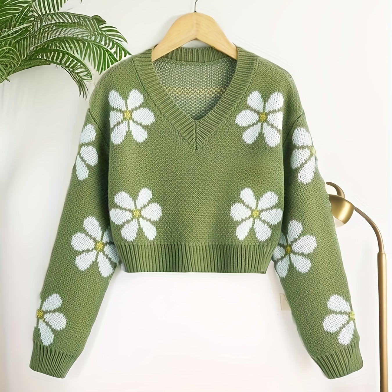 Vzyzv Floral Jacquard Girls Drop Shoulder V-neck Knitted Sweater For Fall Winter