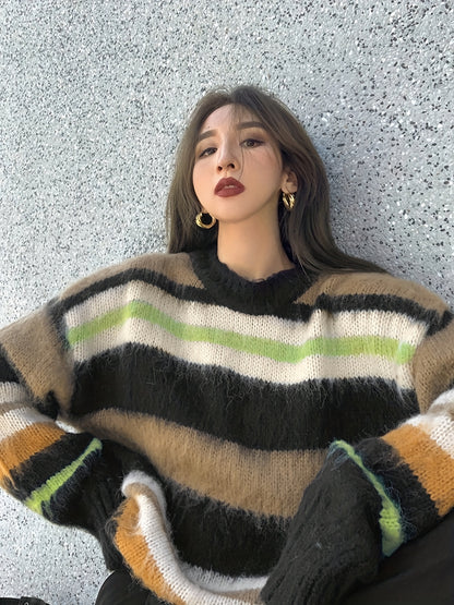 Vzyzv Striped Crew Neck Knit Sweater, Casual Long Sleeve Pullover Sweater, Women's Clothing