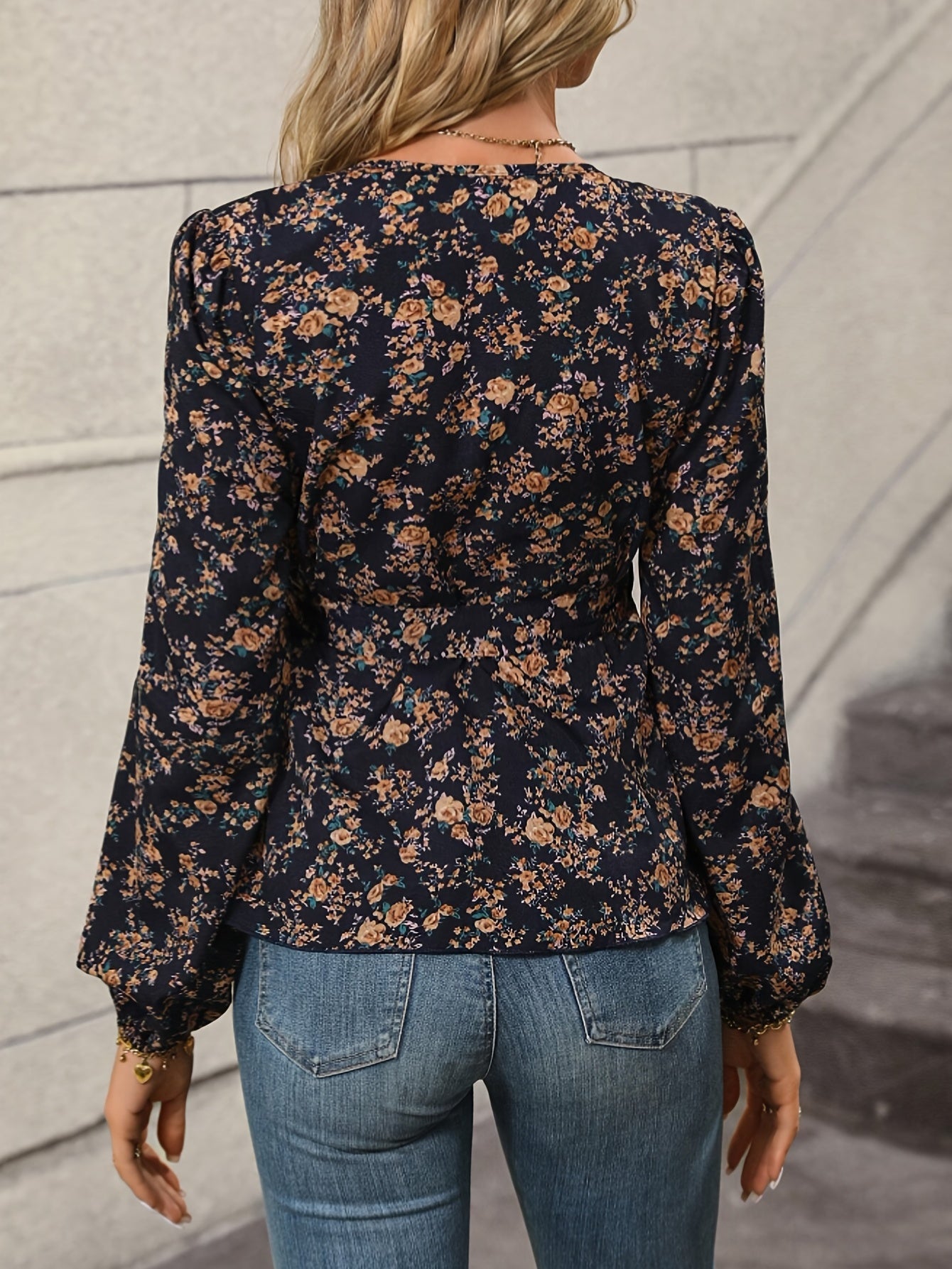 Vzyzv Floral Print Surplice Neck Blouse, Elegant Long Sleeve Tie Side Blouse, Women's Clothing