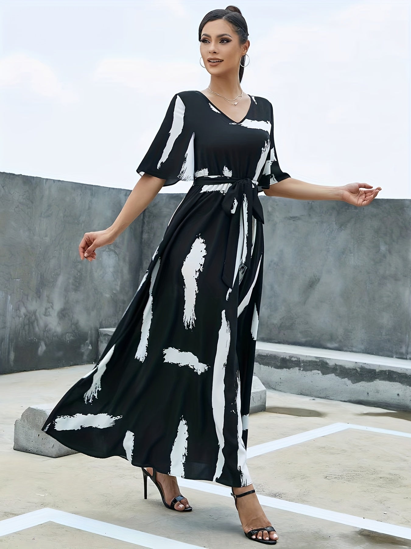 Vzyzv Flutter Sleeve Belted Maxi Dress, Casual Dress For Spring & Summer, Women's Clothing