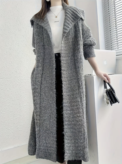 Vzyzv Solid Open Front Knit Cardigan, Casual Collared Long Length Thick Sweater Outerwear For Fall & Winter, Women's Clothing