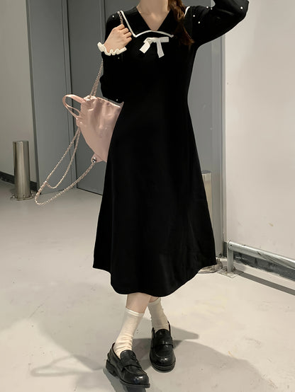 Vzyzv Bow Decor Collared Beaded Dress, Chic Long Sleeve A-line Midi Dress, Women's Clothing