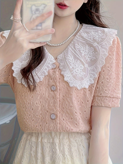 Vzyzv Contrast Trim Elegant Blouse, Short Sleeve Blouse For Spring & Summer, Women's Clothing