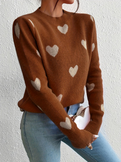 Vzyzv Heart Pattern Crew Neck Sweater, Casual Long Sleeve Pullover Sweater, Women's Clothing