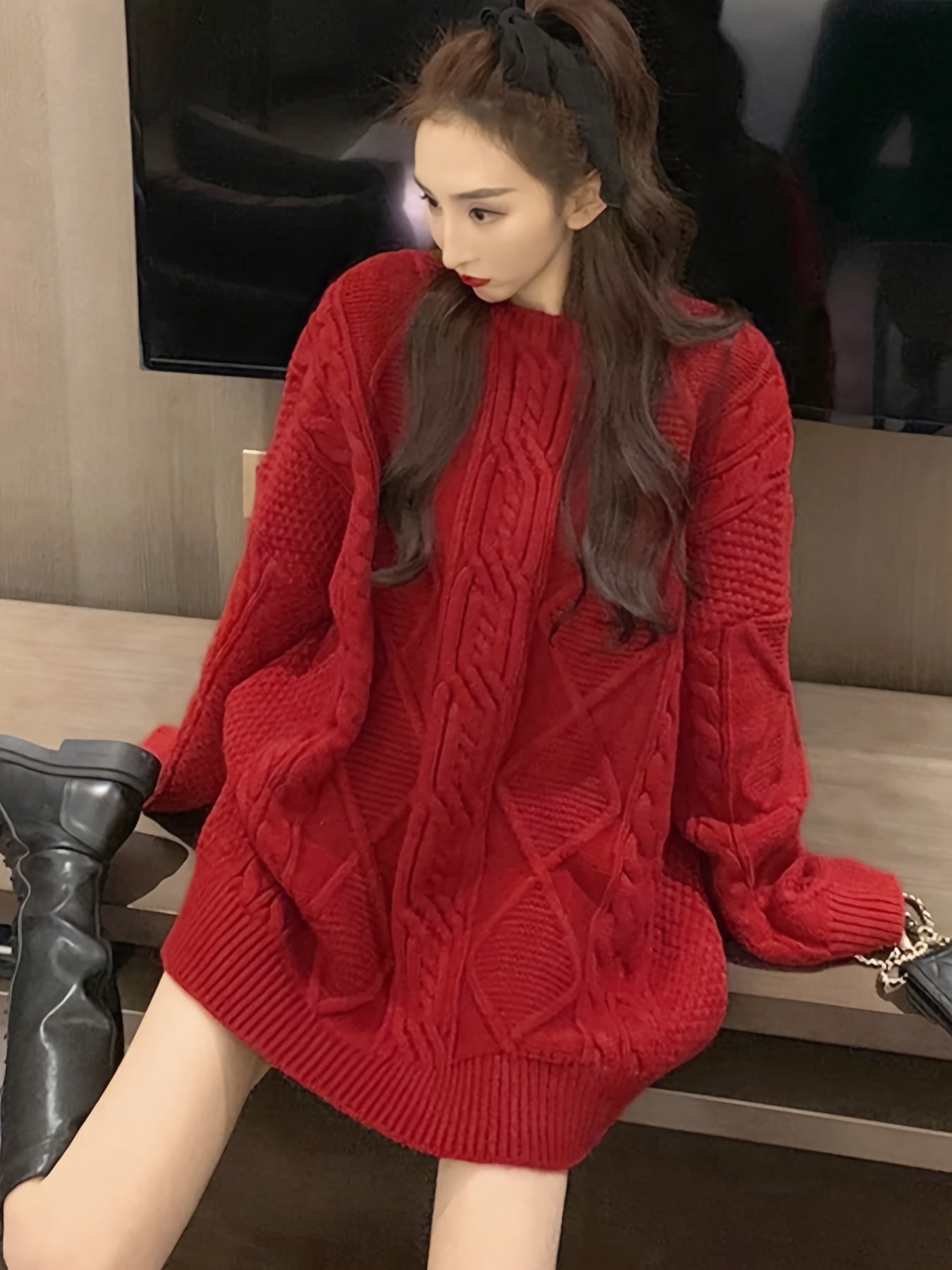 Vzyzv Cable Twist Knit Sweater, Casual Long Sleeve Crew Neck Pullover Sweater For Fall & Winter, Women's Clothing