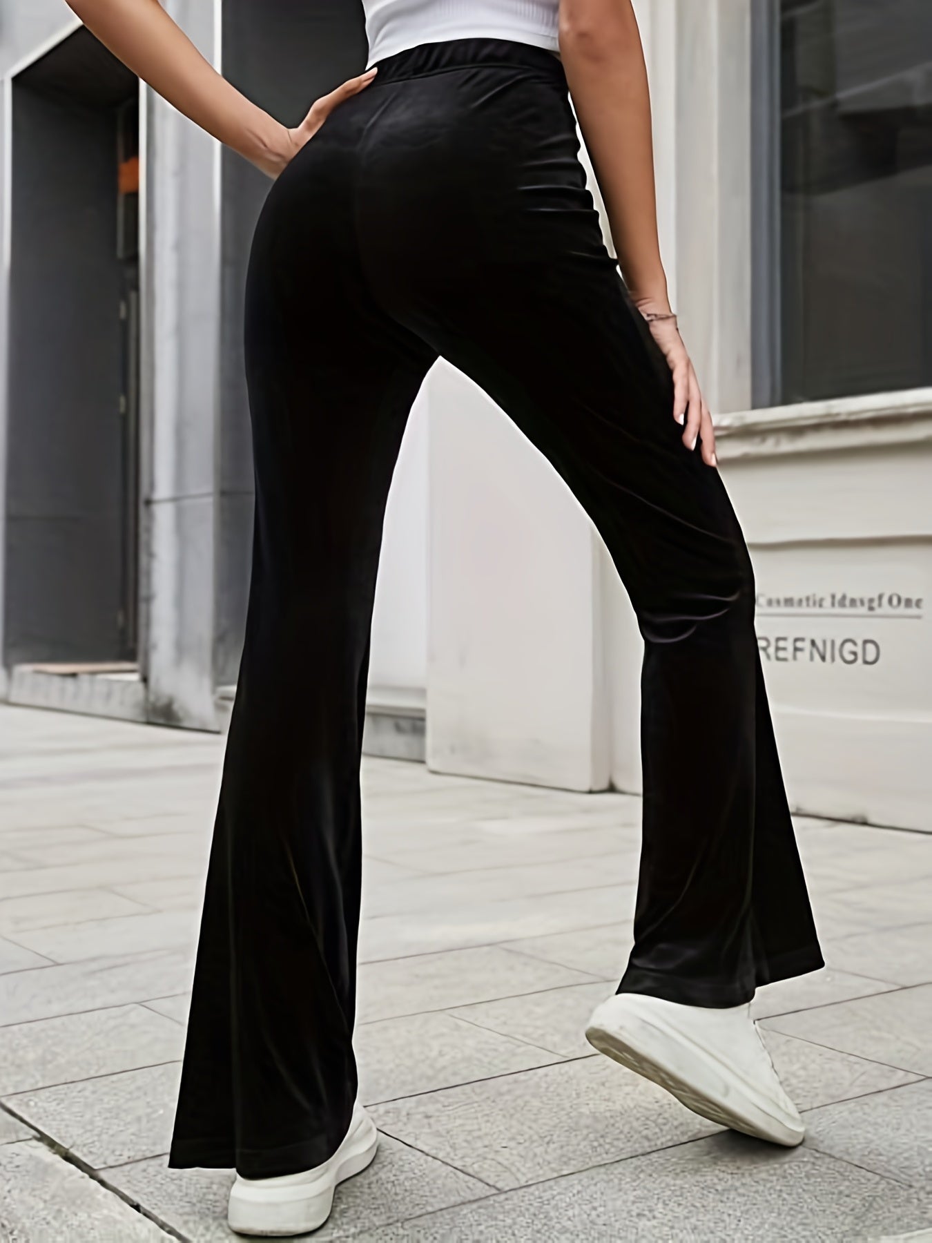 Vzyzv Solid Velvet Flare Leg Pants, Elegant High Waist Slim Pants, Women's Clothing
