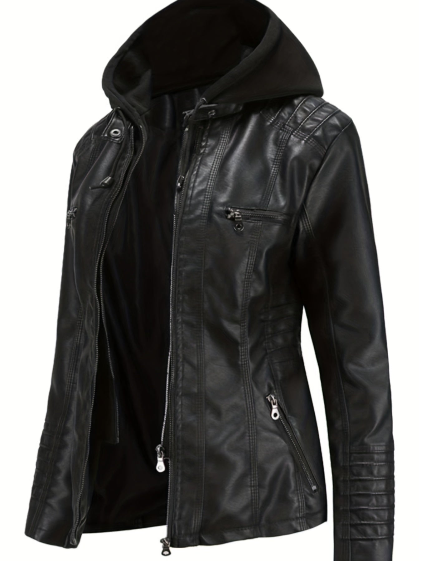Vzyzv Hooded Faux Leather Jacket, Casual Zipper Long Sleeve Outerwear, Women's Clothing