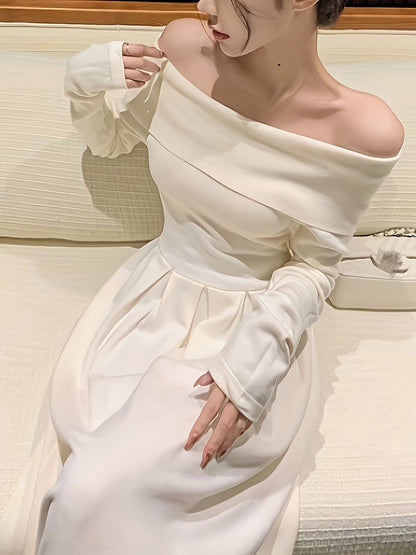 Vzyzv Solid Off Shoulder Aline Dress, Elegant Ruffle Hem Long Sleeve Slim Dress For Spring & Fall, Women's Clothing