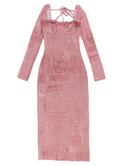 Vzyzv Allover Print Contrast Lace Bodycon Dress, Elegant Sweetheart Neck Long Sleeve Dress, Women's Clothing