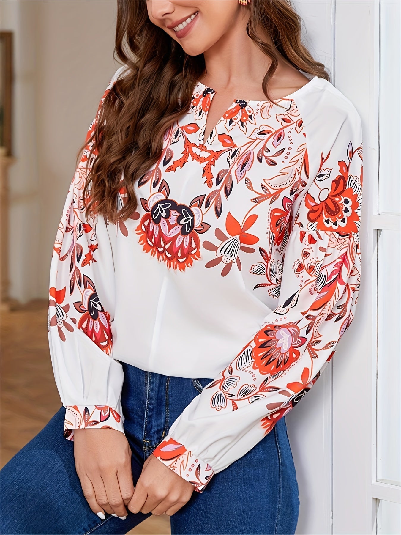 Vzyzv Floral Print Split Crew Neck Shirt, Boho Long Sleeve Shirt For Spring & Fall, Women's Clothing