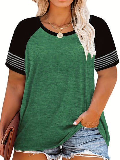 Vzyzv Women's Plus Size Colorblock Stripe Print T-Shirt - Comfortable and Stylish Short Sleeve Tee with Slight Stretch