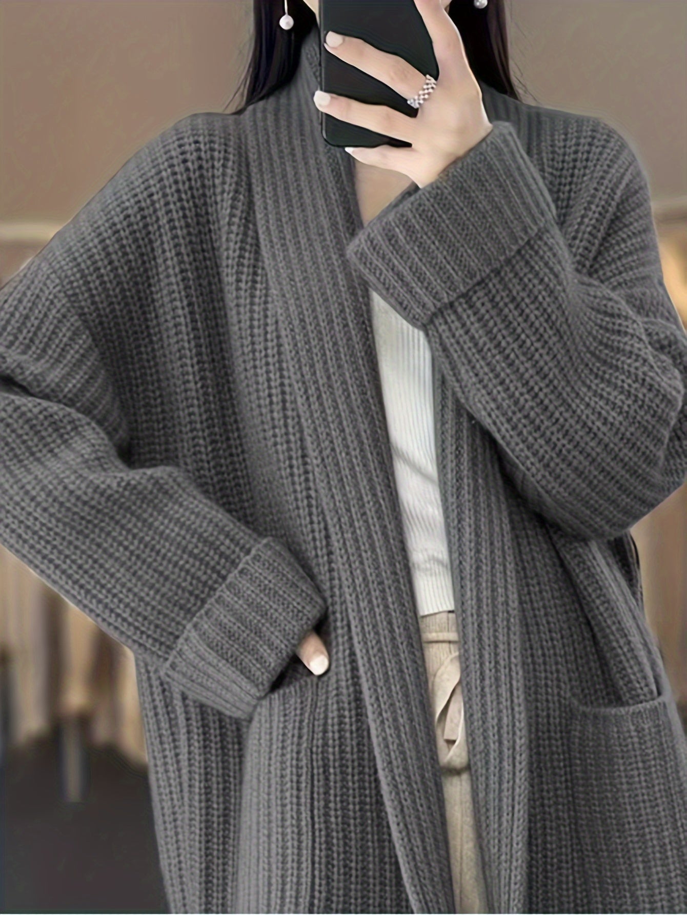 Vzyzv Solid Open Front Knit Cardigan, Casual Long Sleeve Oversized Sweater Coat With Pocket, Women's Clothing