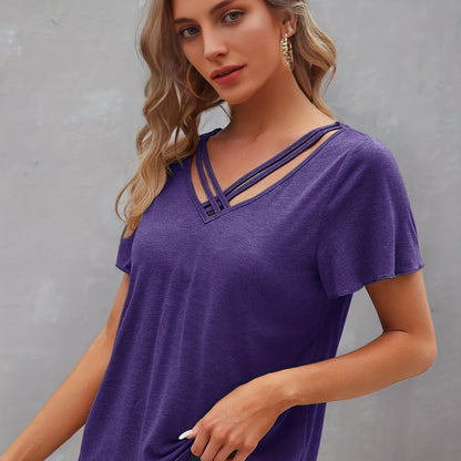 Vzyzv Criss Cross V Neck T-shirt, Casual Short Sleeve Summer Simple T-shirt, Women's Clothing