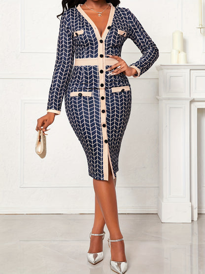 Vzyzv Geo Print Bodycon Dress, Elegant Button Front Long Sleeve Dress, Women's Clothing